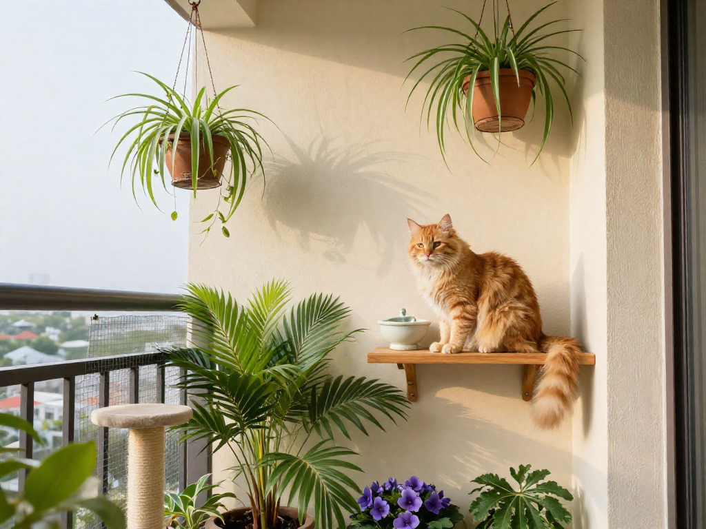 A cat sitting on a wooden shelf attached to a balcony wall, surrounded by hanging plants and a water fountain, with a secured balcony net in the background.