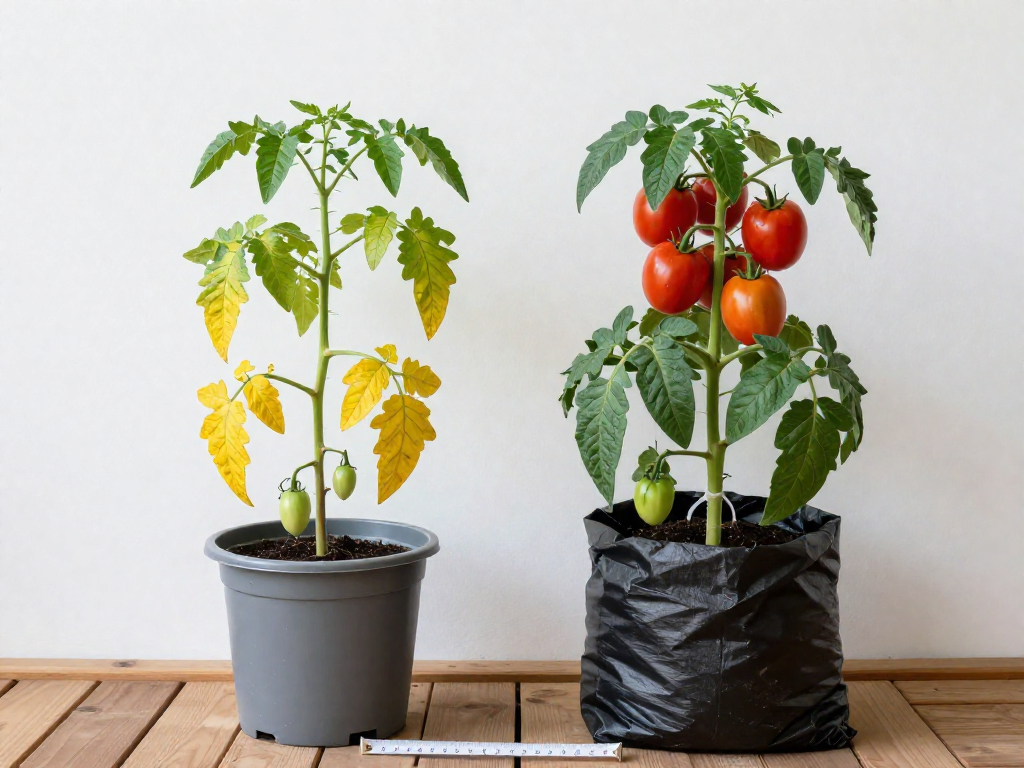 Side-by-side comparison of two tomato plants; one in a small pot is unhealthy with yellow leaves, the other in a large pot is thriving with ripe fruit.
