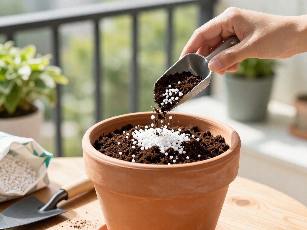 Hands layering dark potting soil and white perlite into a terracotta pot on a sunny balcony, with other plants and a bag of perlite in the background.