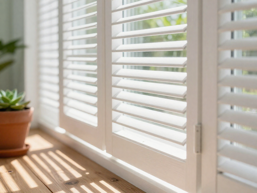 Close-up of adjustable white louvered door slats at different angles, with a potted plant and sunlight casting striped shadows.