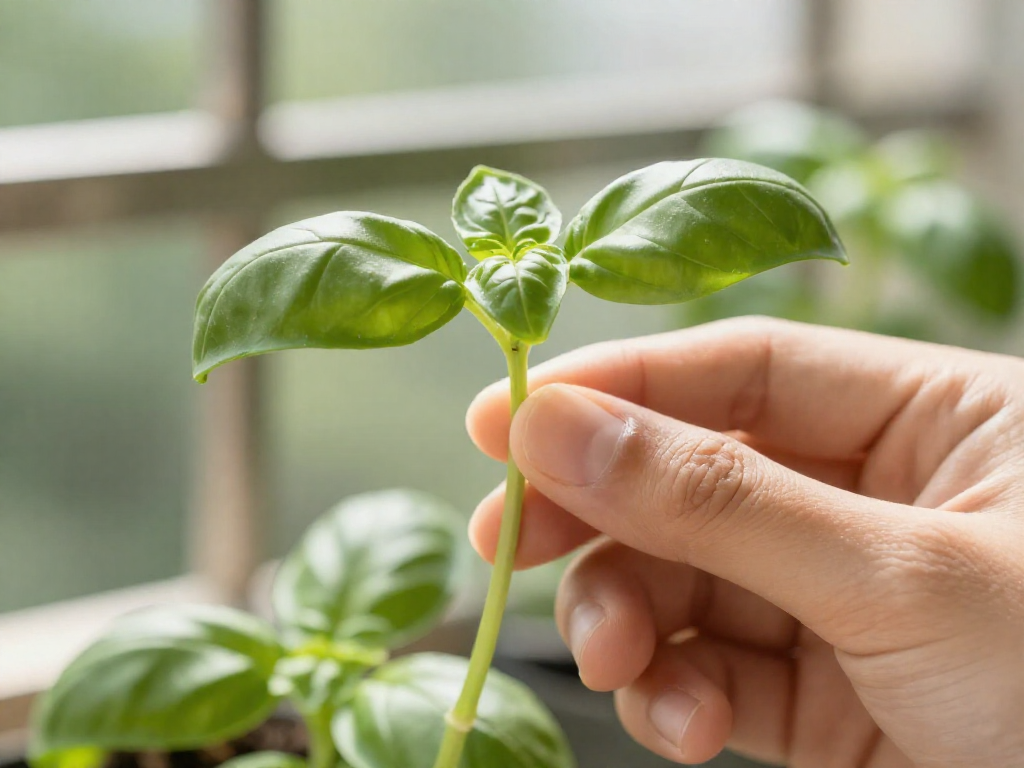 A person's hand pinching the stem of a basil plant just above a leaf node, demonstrating pruning technique.