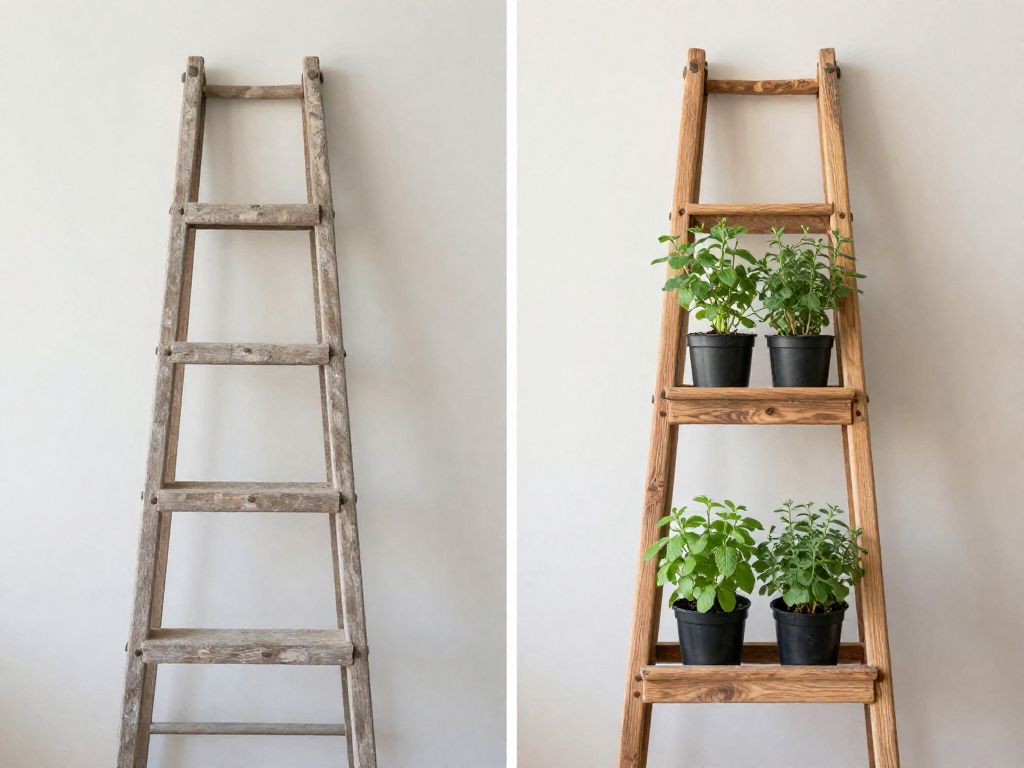 Left side: an old, dusty wooden ladder against a wall. Right side: the same ladder cleaned and used as a stand holding pots of green herbs.