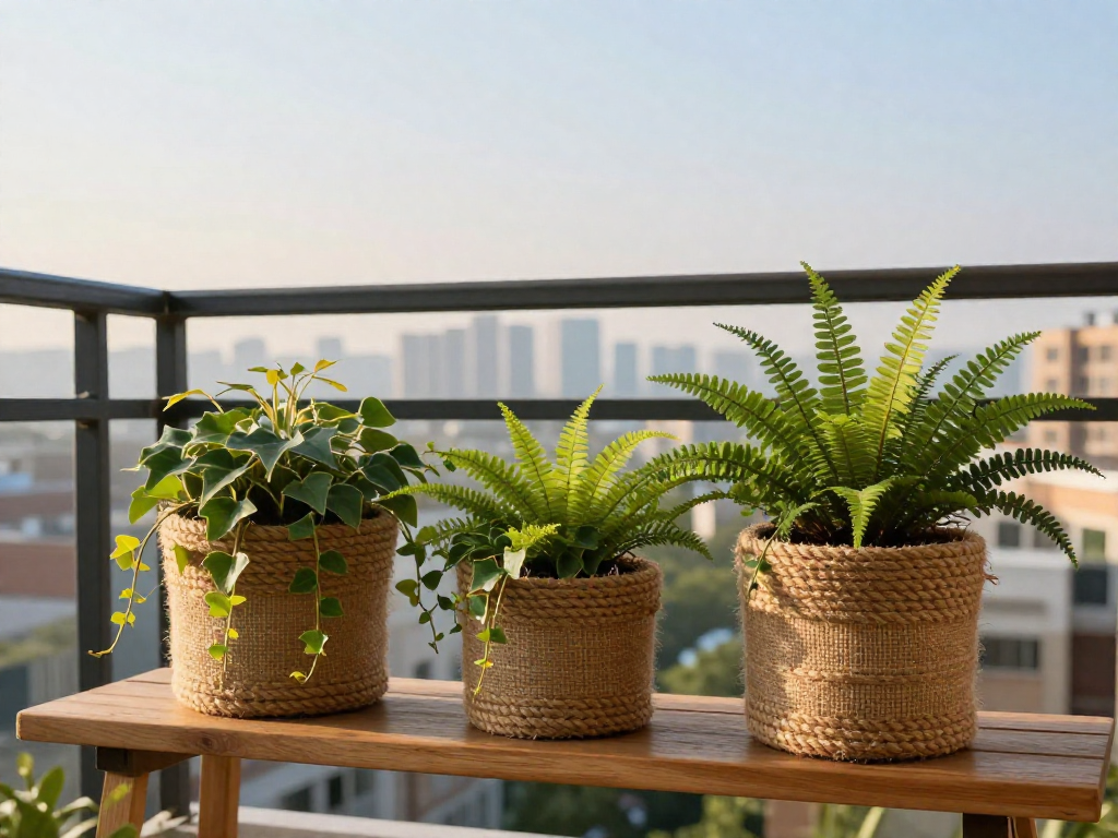 Three rope-wrapped planters with lush plants on a small balcony overlooking a city skyline at sunrise.