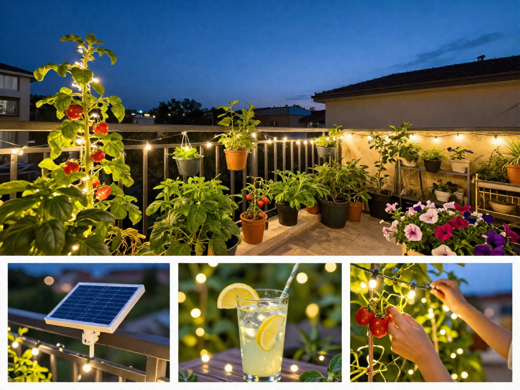 A collage showing a summer balcony at dusk, draped with warm solar string lights over plants and railings, with details of the solar panel and twinkling lights.