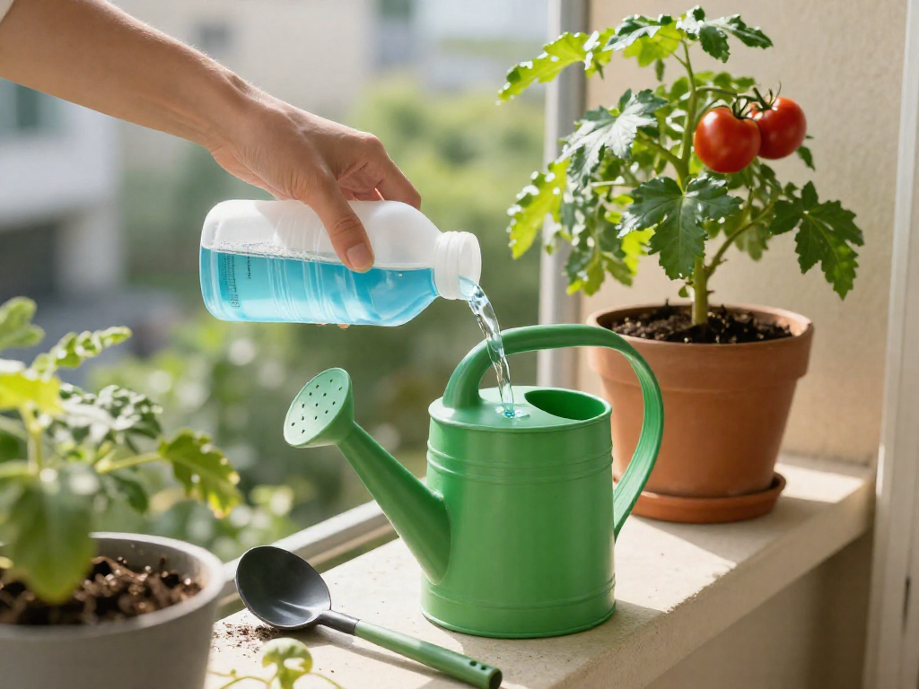 A person pouring liquid fertilizer into a watering can on a balcony with plants.