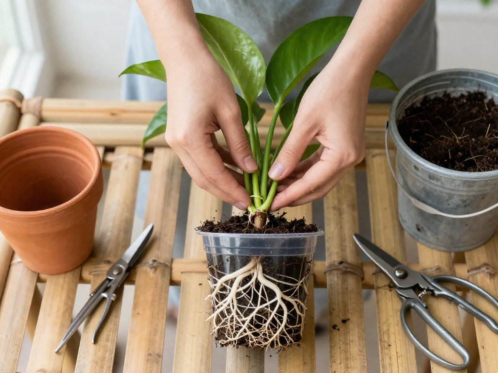 A close-up overhead view of two hands gently pulling a root-bound pothos plant from a plastic pot, revealing a dense network of white roots. Gardening tools like pruning shears and a terracotta pot are on the bamboo table.