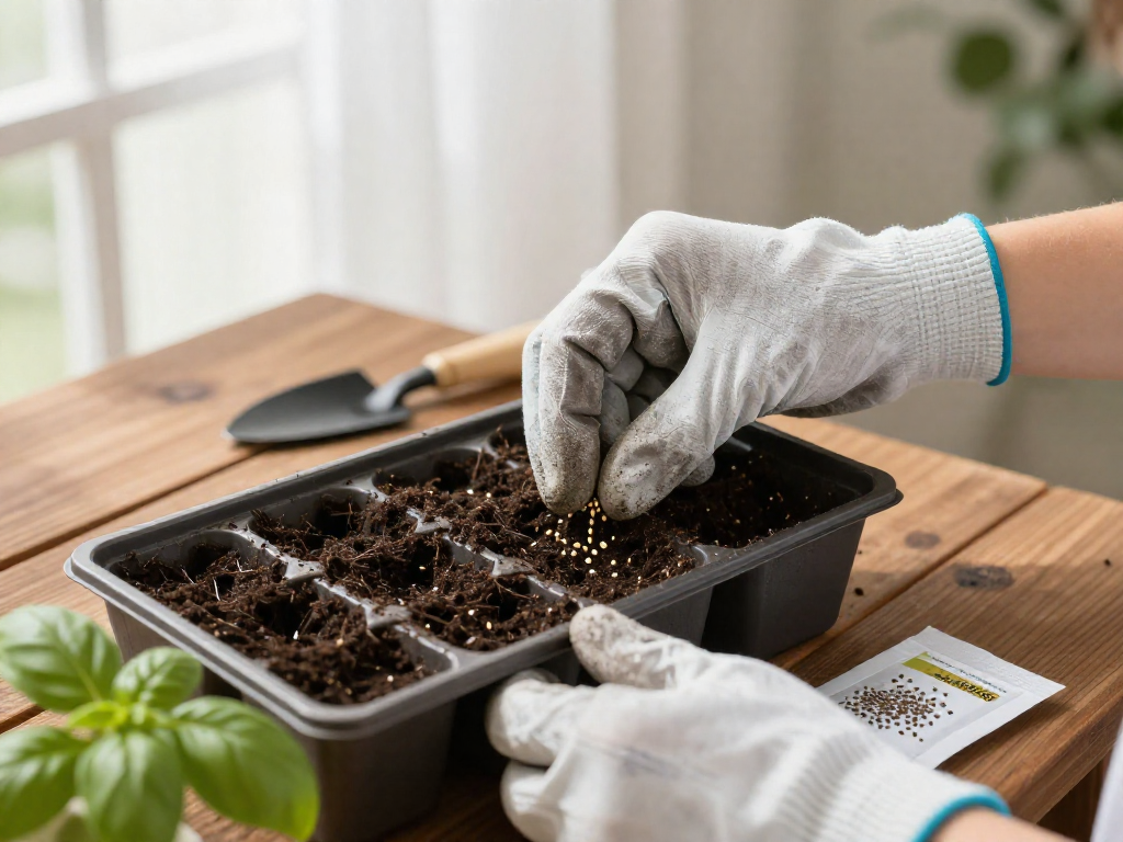 Gloved hands sowing seeds into a seed tray on a balcony table, with gardening tools beside.