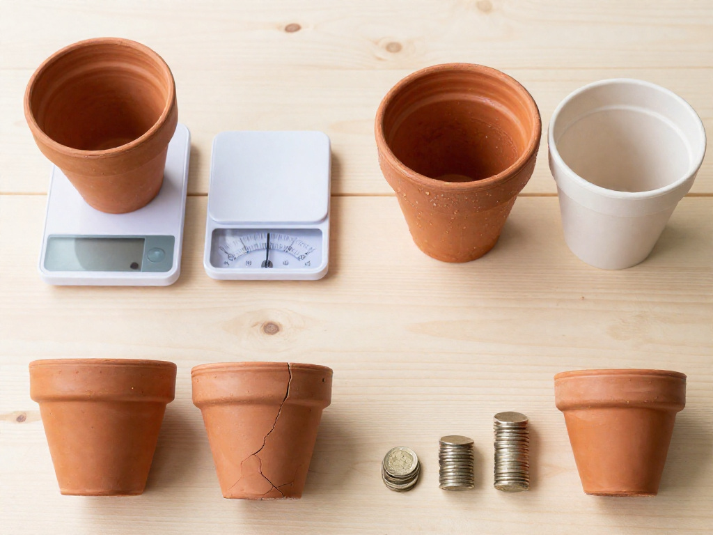 A flat lay comparison of terracotta and plastic plant pots, with visual indicators for weight, drainage, durability, and cost. The terracotta pot is shown as heavier and breathable but fragile, while the plastic pot is lighter, water-retentive, durable, and shown with a higher stack of coins.