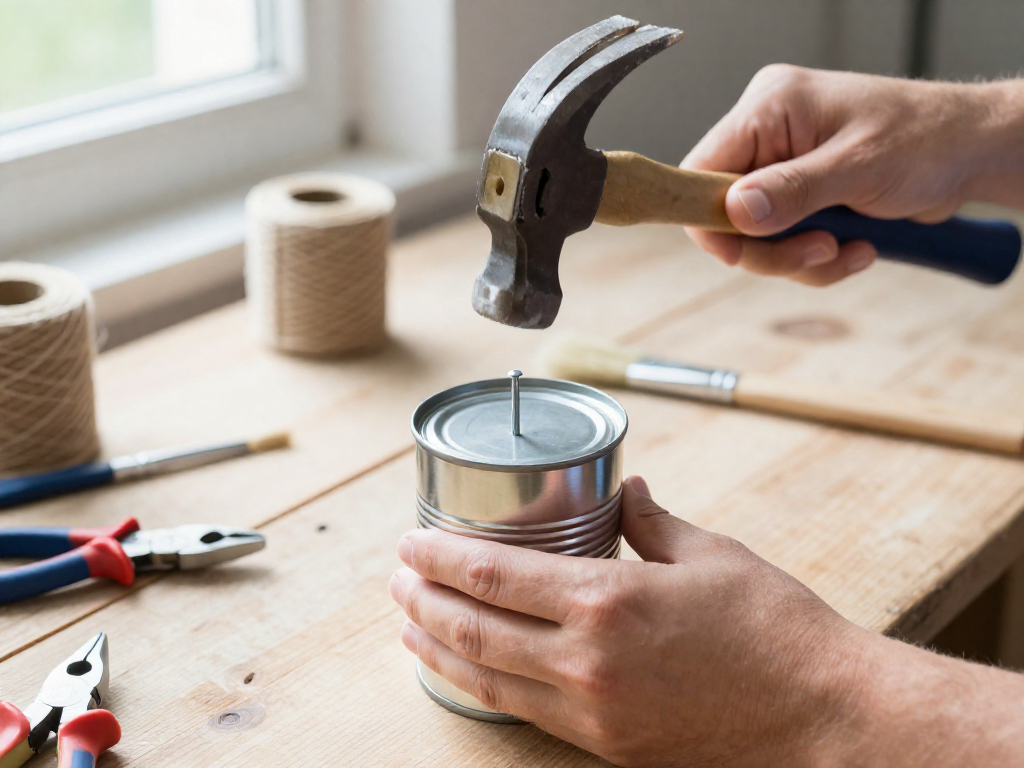 Hands using a hammer and nail to punch a hole in a tin can, with tools on a wooden table