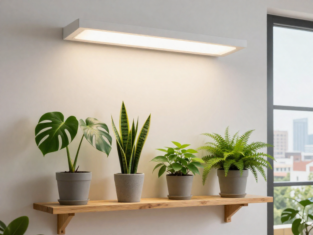 Indoor plant shelf with grow lights and a window showing city buildings