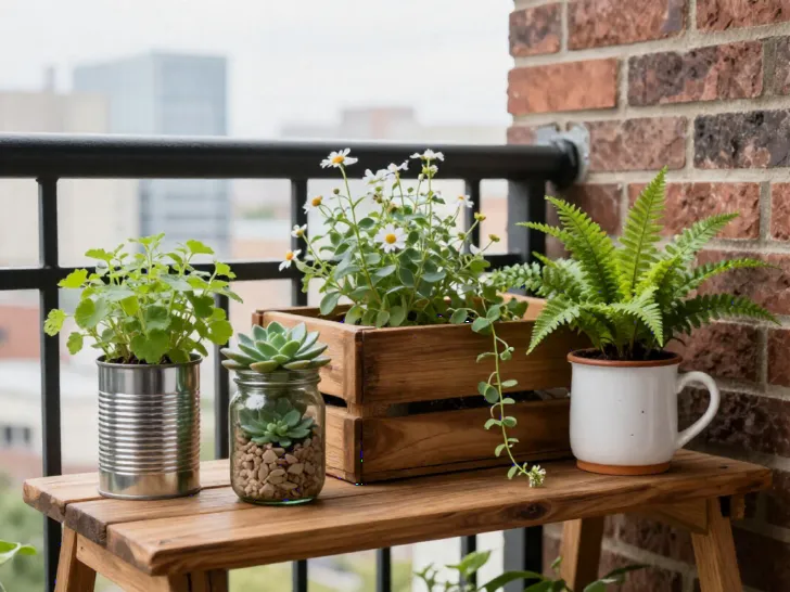 A small balcony with an array of upcycled household containers as planters, including tin cans, mason jars, and a wooden