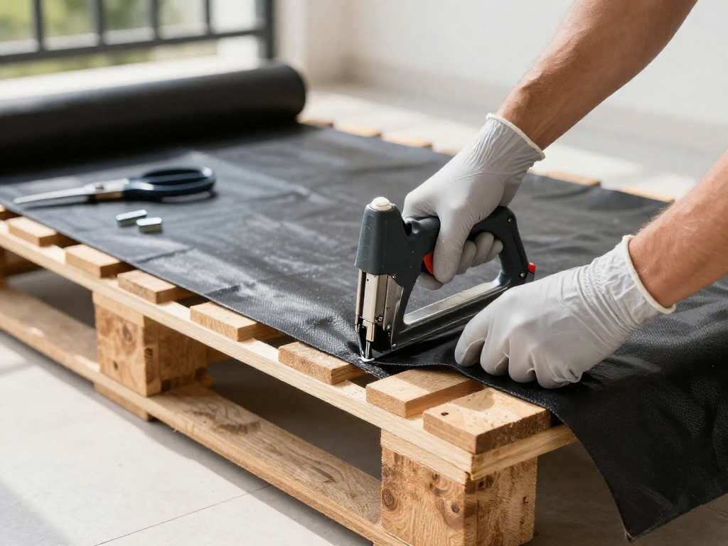 A gloved hand uses a staple gun to secure landscape fabric to a wooden pallet, creating a planting pocket for a vertical garden.
