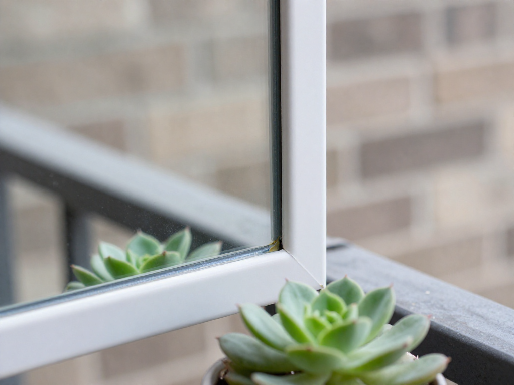 Close-up of a mirror's edge on a balcony wall, showing a clear waterproof sealant and a small plant.