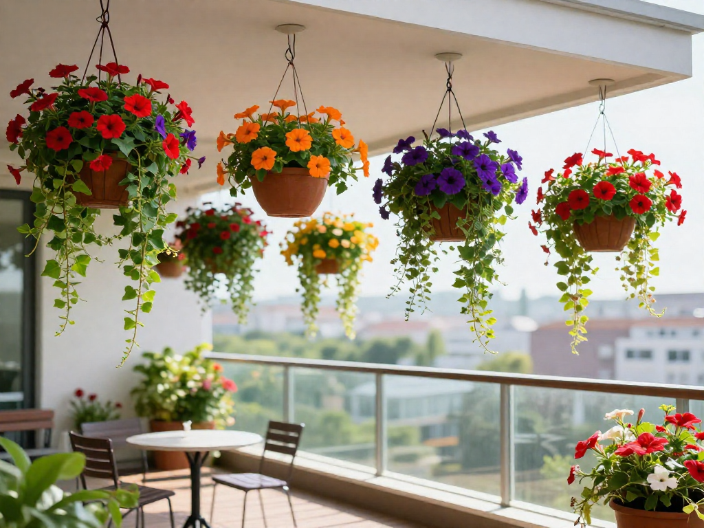 Multiple hanging baskets overflowing with vibrant flowers and trailing plants, suspended from a balcony ceiling, with a small table and chairs below.