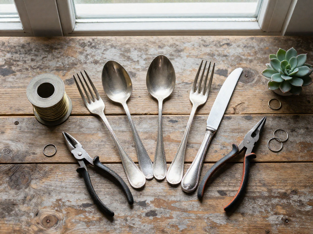 Vintage silver forks, spoons, and tools arranged on a weathered wood table for a DIY project.