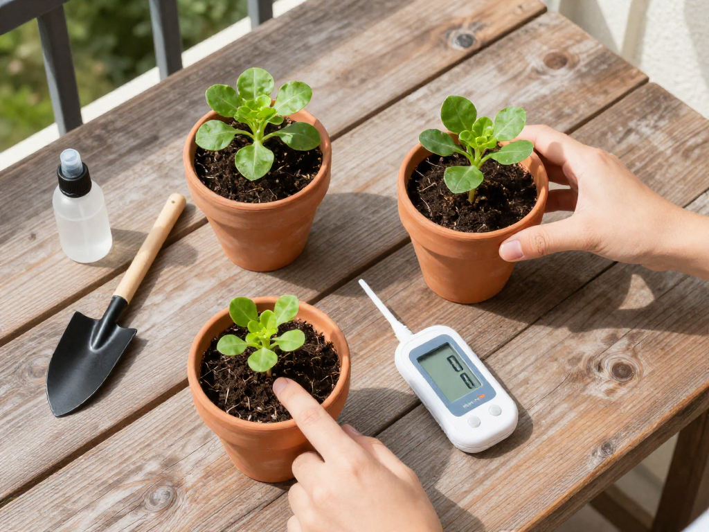 Overhead view of hands demonstrating three methods to check soil moisture in potted plants: finger test, moisture meter, and pot lifting.