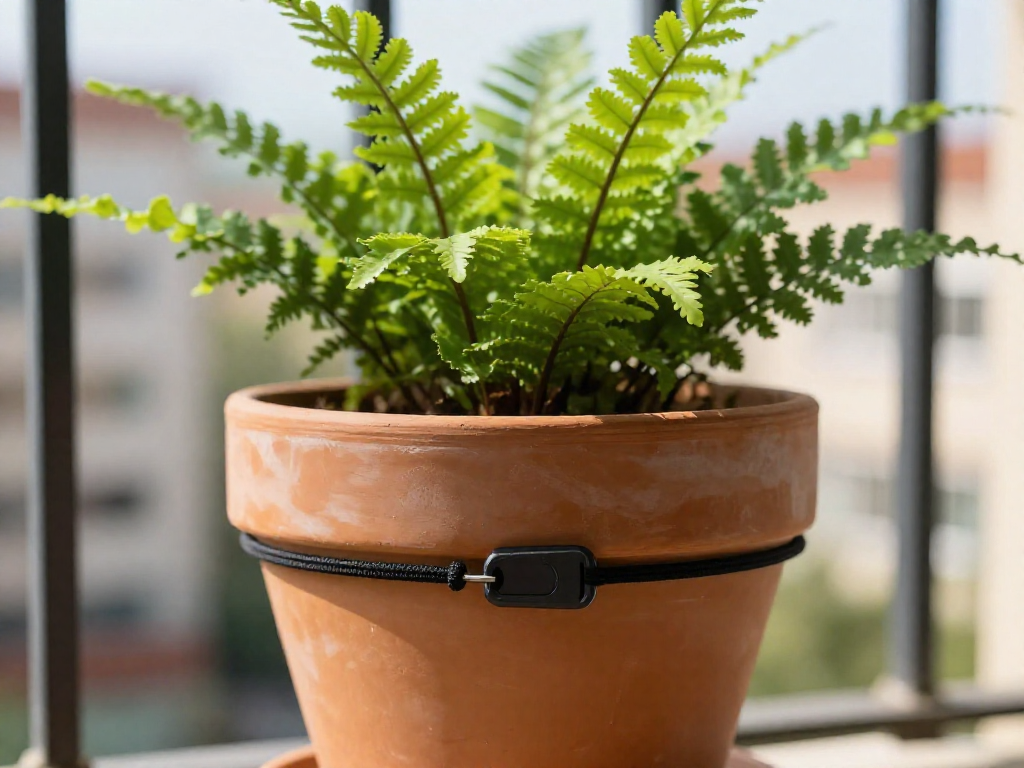 A bungee cord securing a terracotta pot with a fern to a black metal balcony railing.