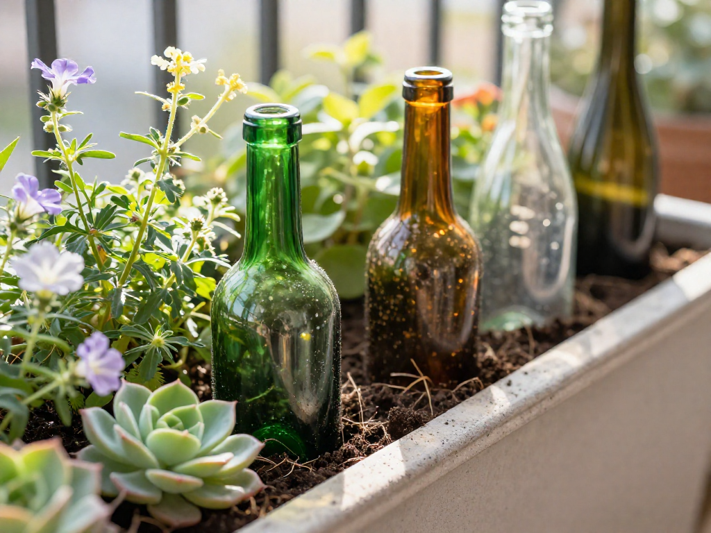 Close-up of upcycled wine bottles neck-down in rich soil, with small flowering plants and succulents growing closely around the glass.