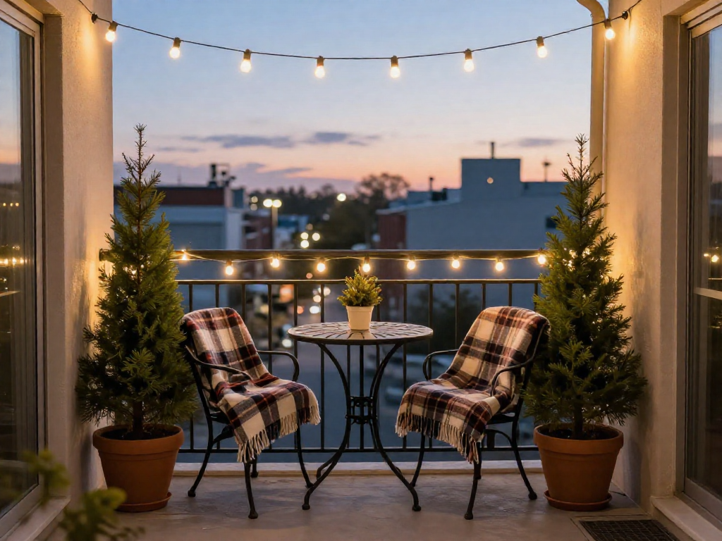 A cozy apartment balcony with a small bistro set, potted evergreen trees, and warm string lights glowing at dusk.