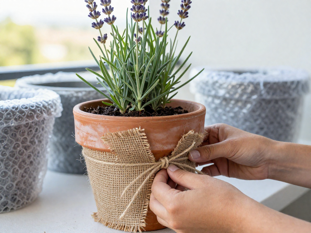 Hands wrapping a plant pot with burlap and tying it with string on a balcony.