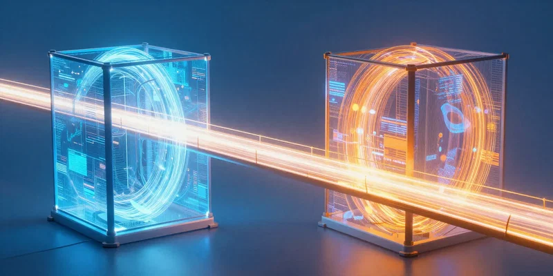 A glowing ethereal energy bridge connecting two futuristic data silos, vibrant blue and orange hues, abstract digital art, volumetric lighting, --ar 16:9