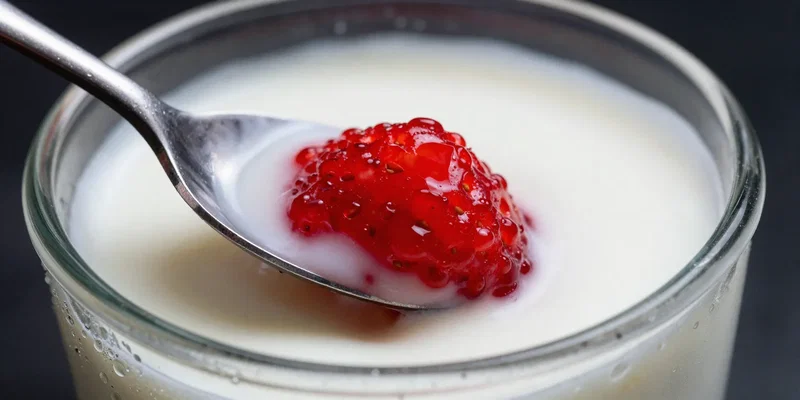 Extreme close-up, studio shot of a single spoonful of fruit-on-bottom yogurt. The spoon cuts through the pristine white yogurt to reveal a hyper-saturated, almost neon-red strawberry goo at the bottom. Dramatic side lighting, droplets of condensation on the glass jar. Cinematic, detailed, macro photography. Shot on a Hasselblad H6D. --ar 4:5 --v 6.0