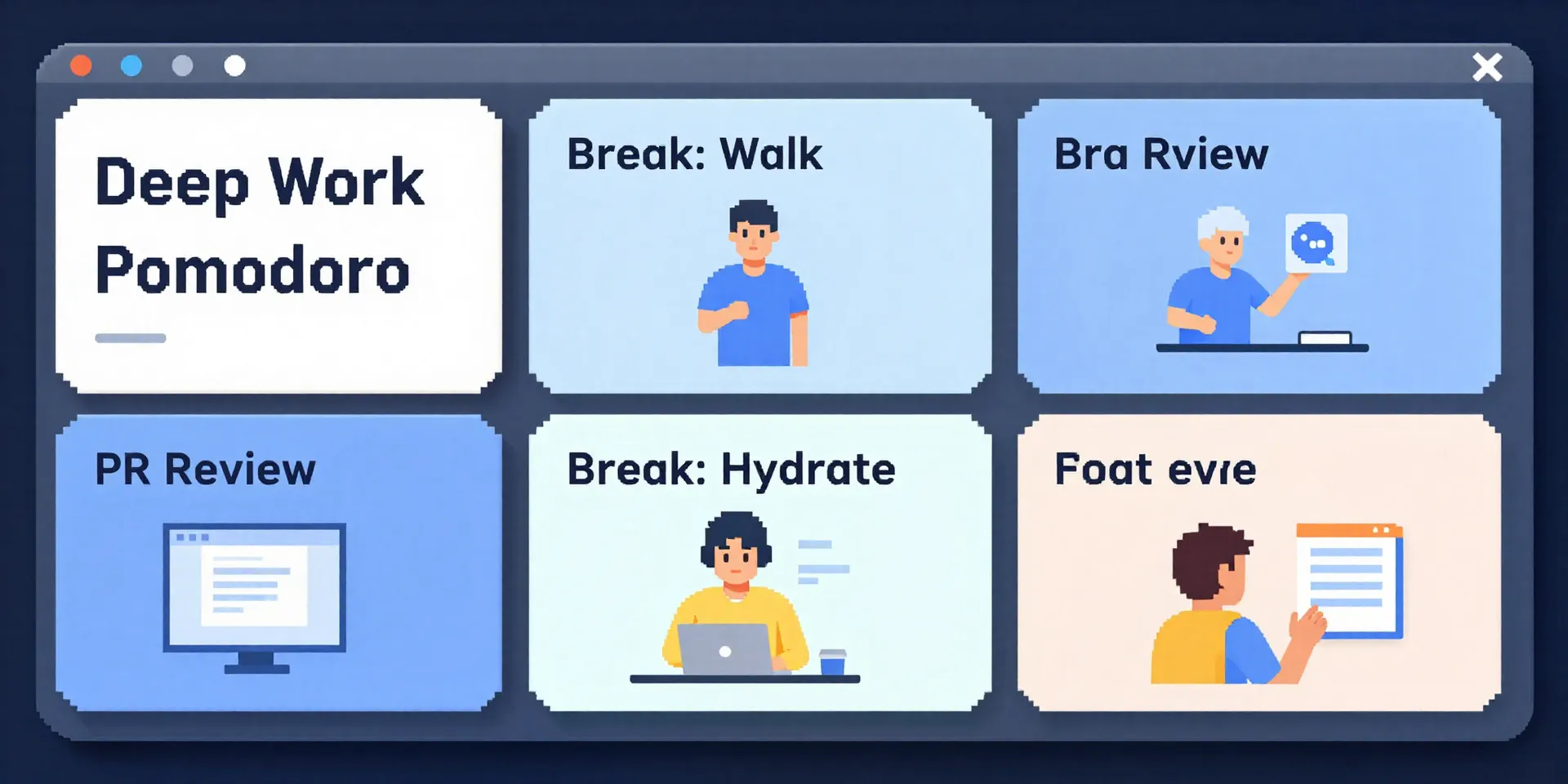 Midjourney Prompt: isometric pixel art scene of a developer's workflow, screen split into segments: one block for ' Deep Work Pomodoro', one for 'Break: Walk', one for ' PR Review', one for 'Break: Hydrate', cute and functional aesthetic