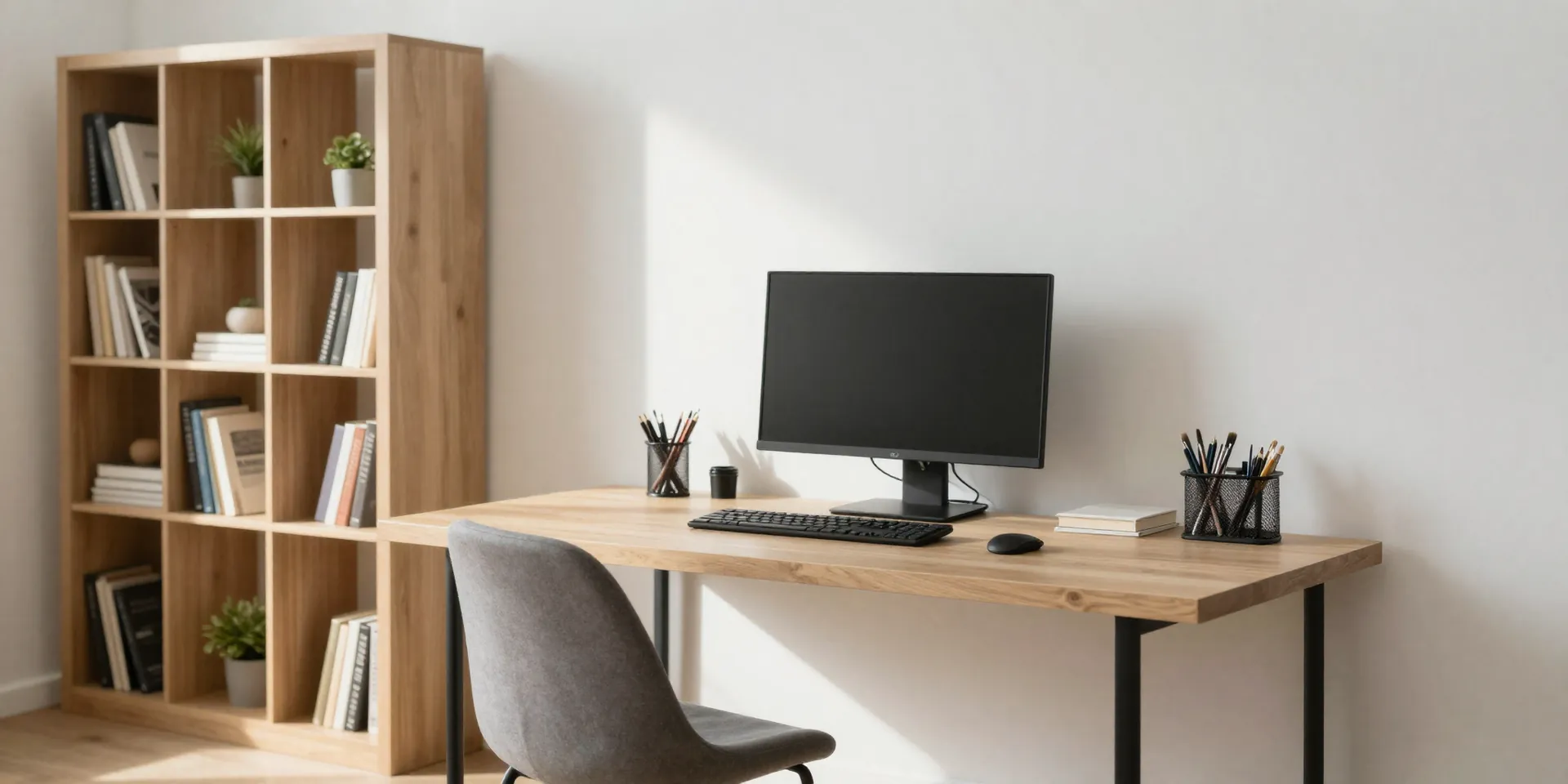 A clean, dedicated home workspace with a desk and monitor, clearly separated from a living area by a bookshelf room divider, natural light, minimalist aesthetic --ar 16:9