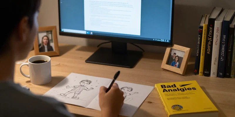 AI image prompt: Over-the-shoulder view of a messy, lived-in home desk. A coffee mug, a child's drawing, a book titled 'Bad Analogies.' Next to the monitor, a small framed photo. Warm, intimate lighting, macro details, photorealistic.
