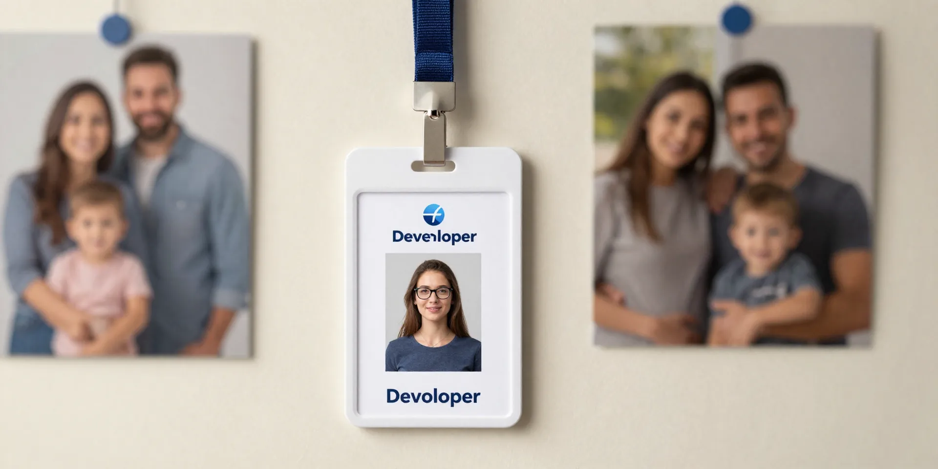 symbolic image of a developer's ID badge hanging on a nail next to a vibrant, personal family photo, warm light, shallow depth of field, minimalist composition