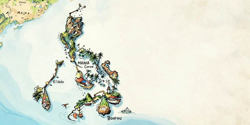Midjourney prompt: stylized illustrated map of the Philippines, hand-drawn aesthetic, highlighting a route from Manila to Coron to El Nido to Cebu to Bohol, doodles of boats, mountains, and beaches, on a textured paper background, warm colors