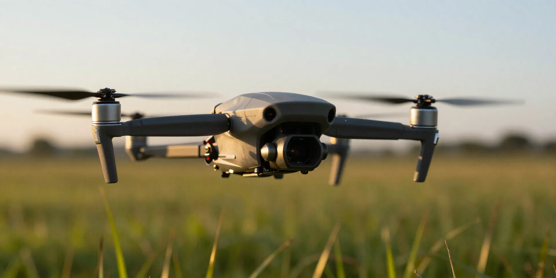 A rugged 5-inch FPV drone hovering perfectly stable three feet above a grassy field, low angle shot, motion blur on the props, golden hour lighting, hyper-detailed --ar 16:9