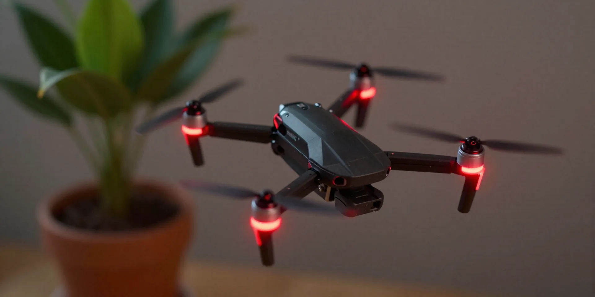 Fast action shot of a tiny whoop drone banking hard around a potted indoor plant, glowing red motors, motion blur, FPV perspective, hyper-detailed, neon accents --ar 16:9 --v 6.0