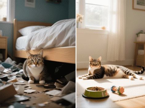 Split-screen image. Left: A wide-eyed, hunched cat hiding under a bed in a chaotic, messy room. Right: The same cat, relaxed