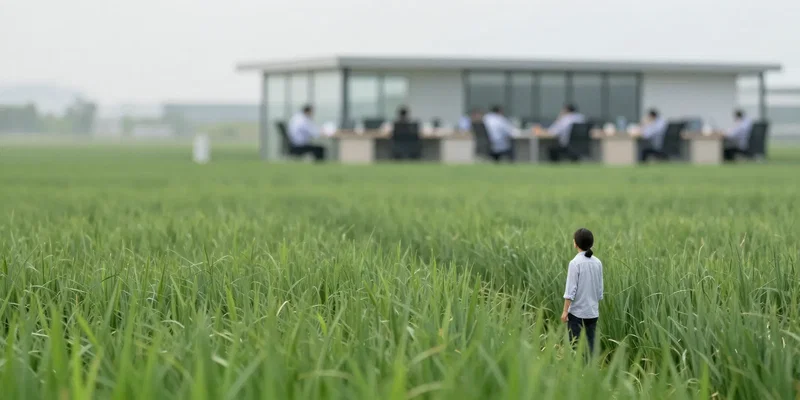 A person standing at the edge of a beautiful, endless green field that fades into a blurry, stressful office scene, visual