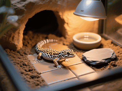 Close-up, leopard gecko's enclosure floor. proper substrate (like textured tile or a soil/sand mix). hide entrance, water