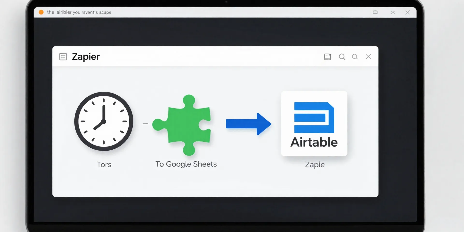 A crystal-clear, step-by-step infographic overlay on a laptop screen showing the Zapier editor: 1. Clock icon, 2. Puzzle piece connecting to Google Sheets, 3. Arrow into Airtable logo. Clean, UI screengrab style, sharp focus.