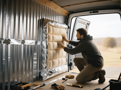 Midjourney prompt: A person's hands installing sheets of thinsulate insulation into the ribbed metal walls of a van. DIY aesthetic, realistic detail on the foil backing and silver tape. Tools scattered around--utility knife, gloves. Soft daylight from open van doors. --ar 16:9
