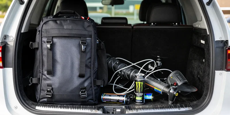 A messy car trunk filled with an open drone backpack, tangled props, lipo batteries, and an energy drink, sunny day, depth of field, realistic photography --ar 16:9