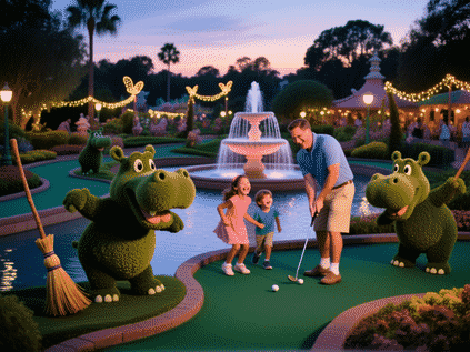 Fantasia Gardens miniature golf at Walt Disney World, whimsical garden with dancing topiary hippos, water fountains