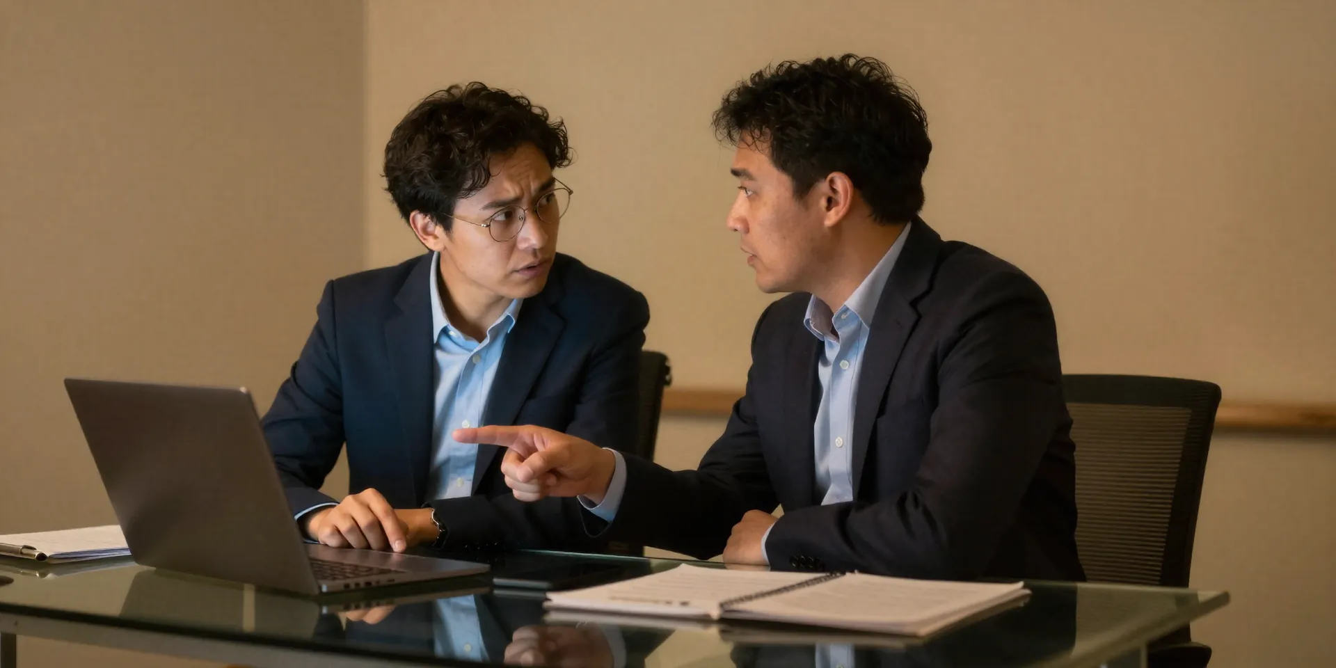 Two professionals having a firm but respectful conversation at a glass desk, one pointing at a laptop screen, tension and resolution in body language, warm ambient office light, studio photography --ar 16:9