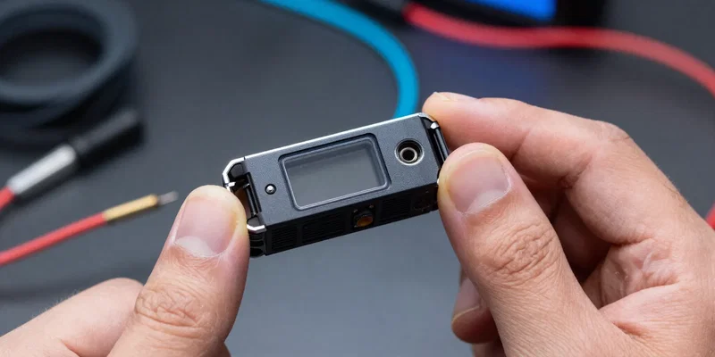 Cinematic macro photography of a compact 4-in-1 drone ESC held between two fingers, neon soldering wire in the background, cyberpunk workbench aesthetic, sharp focus, 4k --ar 16:9