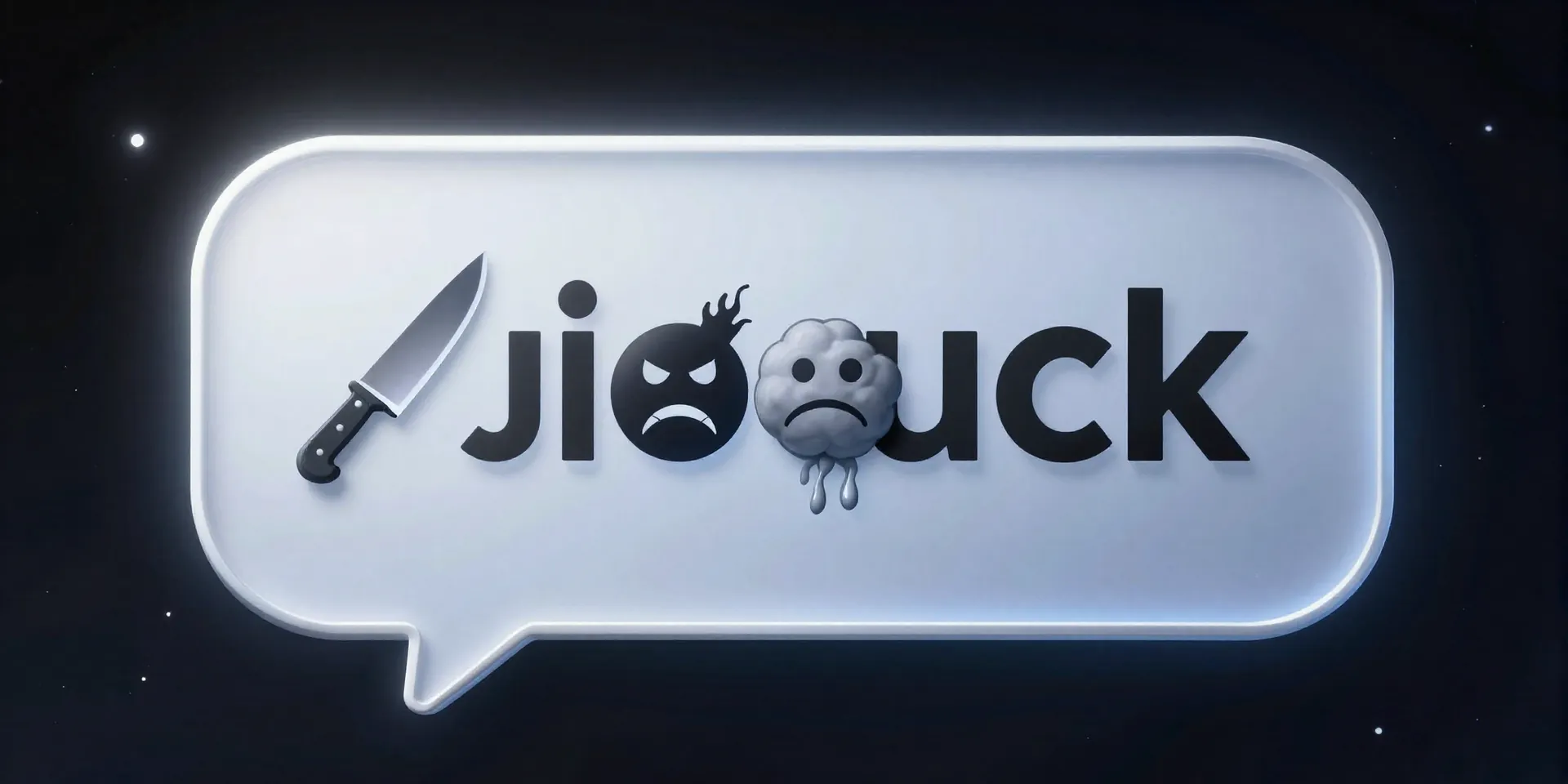 Midjourney prompt: Surreal image of a Slack message bubble floating in dark space, the text inside it morphing into different aggressive symbols (a knife, a frowning face, a storm cloud). Sharp, clean digital art, dark background with ethereal glow.