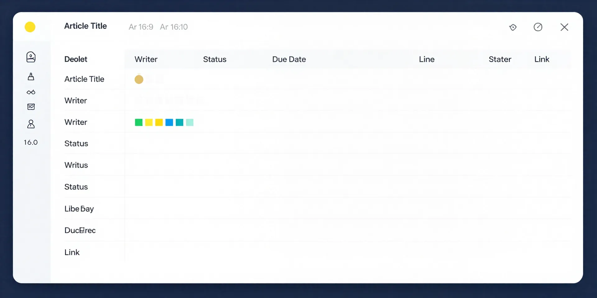 Vivid digital art, flat design UI. A sleek, organized Airtable base is shown. Columns for 'Article Title', 'Writer', 'Status' (with color-coded tags), 'Due Date', and 'Link' are clearly visible. It looks calm and manageable. --ar 16:9 --style raw --v 6.0