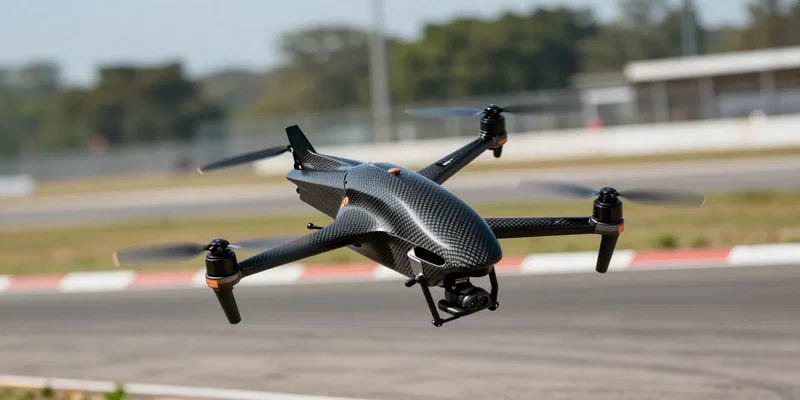 An aggressive carbon fiber racing drone tilted heavily forward mid-flight against a strong headwind, props spinning rapidly, intense action shot, shallow depth of field, outdoor race track background --ar 16:9 --v 6.0