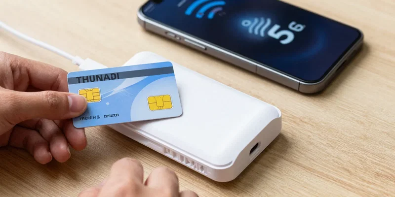 Close-up shot of hands holding a Thai SIM card and a sleek pocket mobile Wi-Fi router (e.g., TP-Link). In the background, a phone screen shows a 5G signal symbol. The image is clean, product-photography style, on a textured wooden surface.