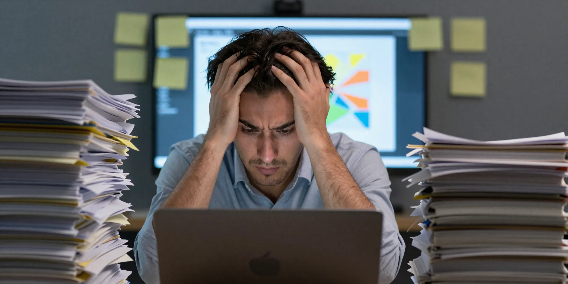 A stressed content manager surrounded by piles of paper and sticky notes, digital art, hyper-realistic, moody office lighting, close-up shot