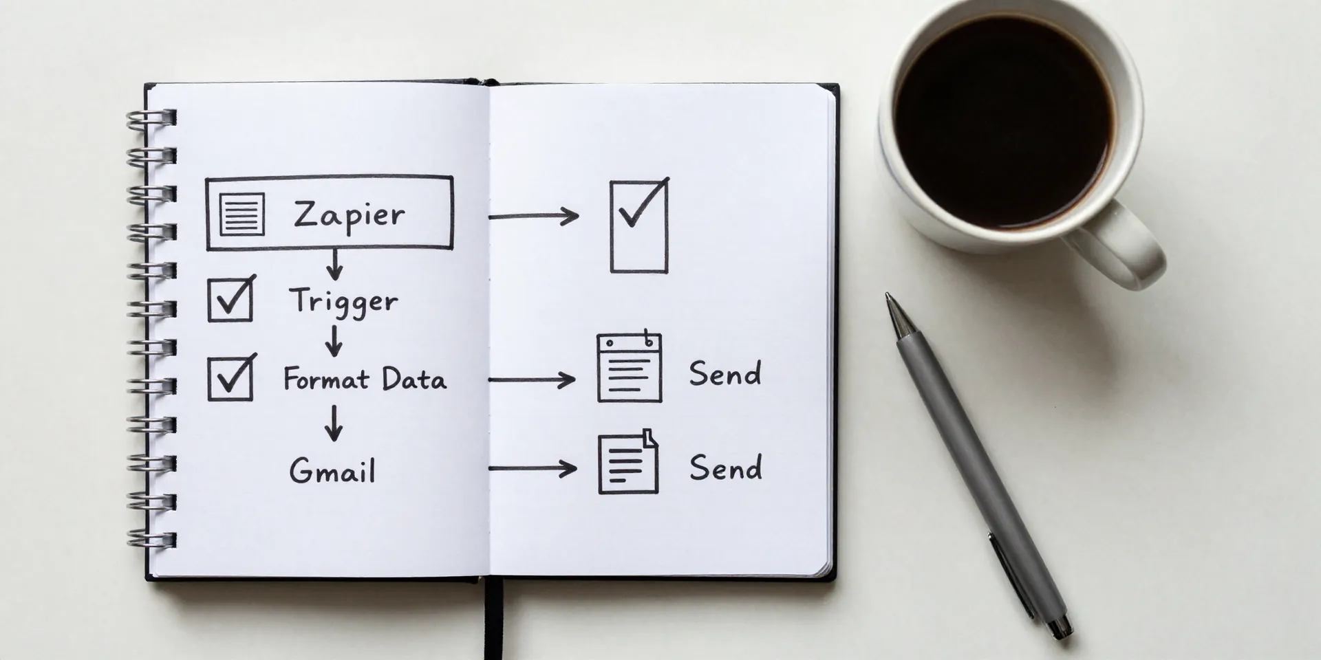 Flat lay photography from above of a notebook with simple, hand-drawn flowcharts. The chart shows Airtable -> Zapier (Trigger) -> Format Data -> Gmail (Send), with checkmarks. A smartphone and a coffee mug are beside it, clean desk aesthetic, natural morning light --ar 16:9