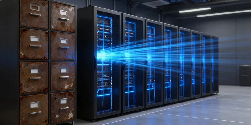 A sleek futuristic server room with glowing blue data streams obliterating old rusty filing cabinets, cyberpunk aesthetic, highly detailed, Unreal Engine 5 render --ar 16:9