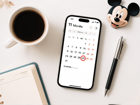 a detailed planner or calendar app open on a phone, the date is circled 11 months from a future date, a coffee cup and Mickey Mouse pen nearby, flat lay style, clean and organized aesthetic